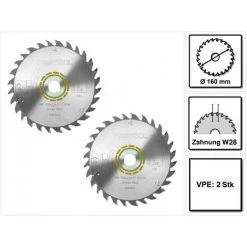Festool W28 Lames De Scie Circulaire Universelles, 160 X 2,2 X 20 Mm, 160 Mm, 28 Dents, 2 Pcs. Pour TS, TSC, ATF Et AP (496302)